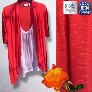 Kim Roger’s 3X Plus Coral 2-in-1 Flyaway Cardigan & White Tank Top Set